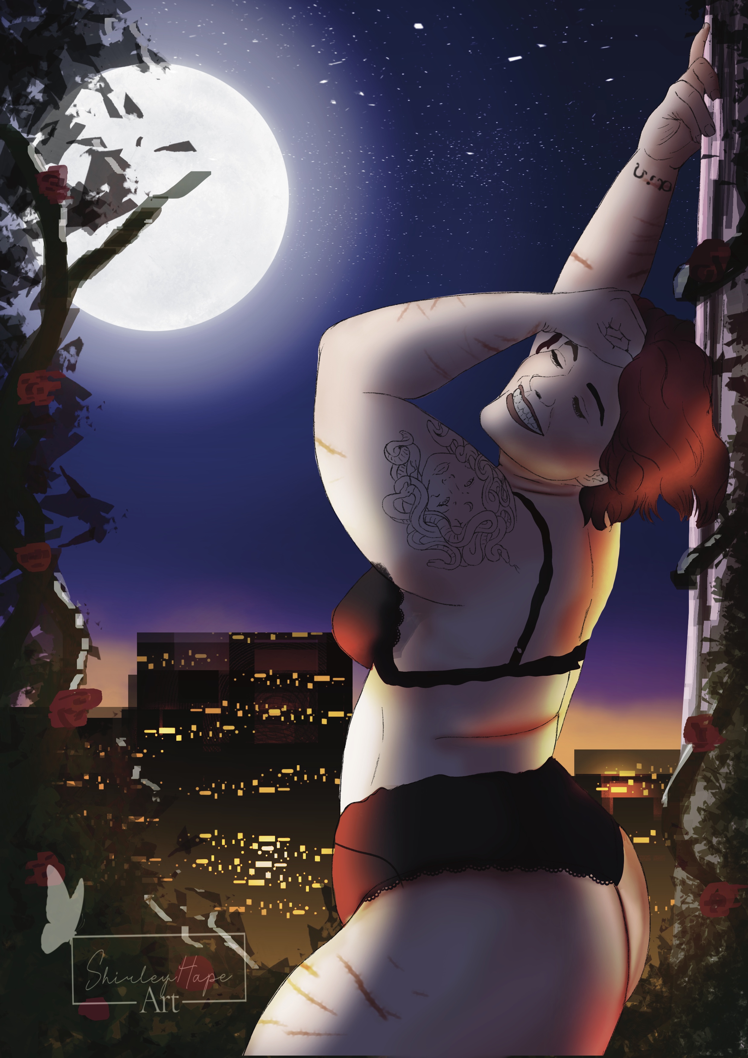 A digital illustration of a smiling person with short red hair and visible scars wearing black lingerie on a balcony at night under a full moon, with the text 'Shirley Hope Art' in the corner.