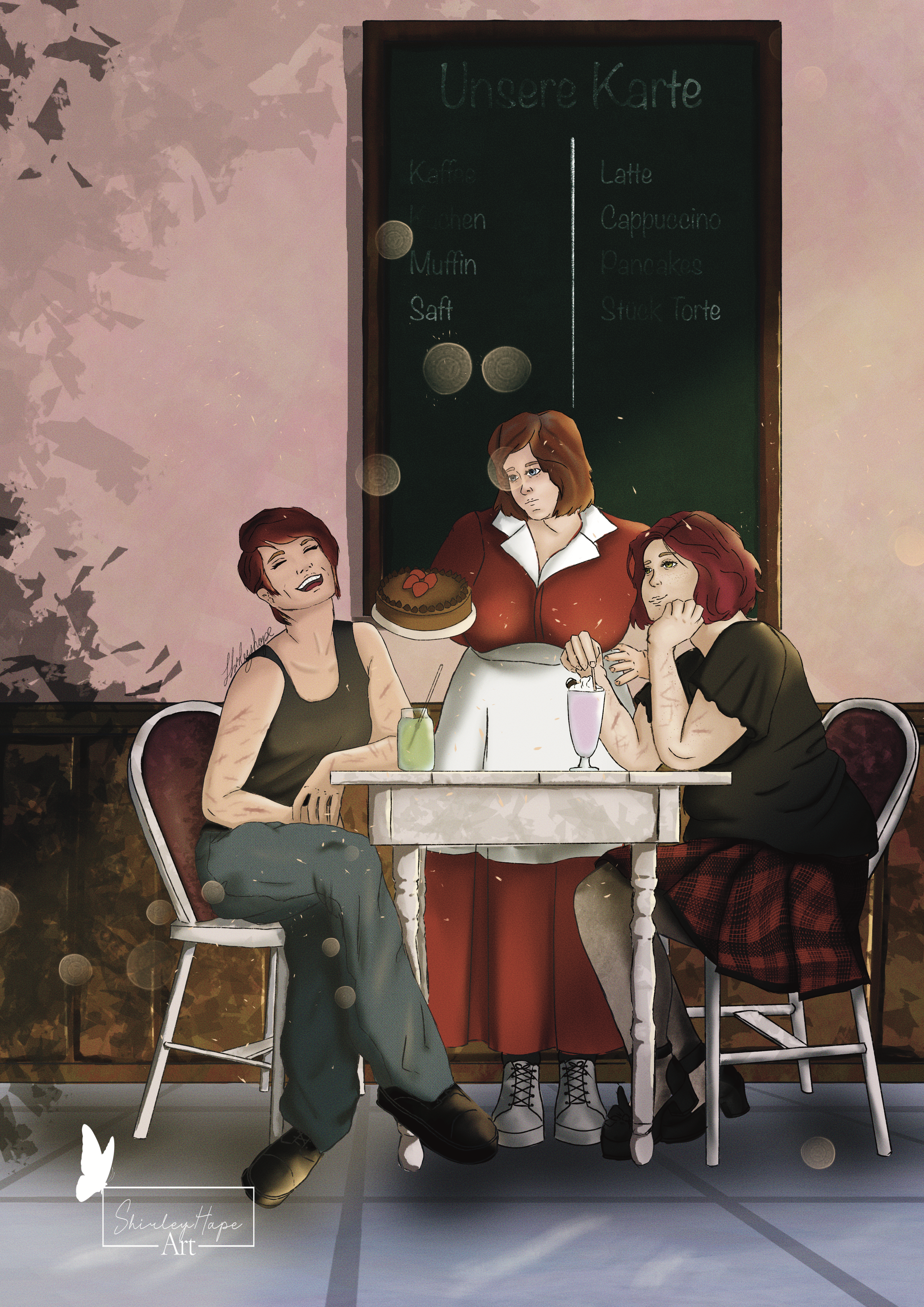 Illustration of a cozy café scene with three women at a small table: Two guests sit on chairs to the left and right with drinks in front of them, while a waitress in a red dress and white apron stands in the middle serving a cake. In the background hangs a chalkboard with the inscription "Our Menu" and a handwritten menu
