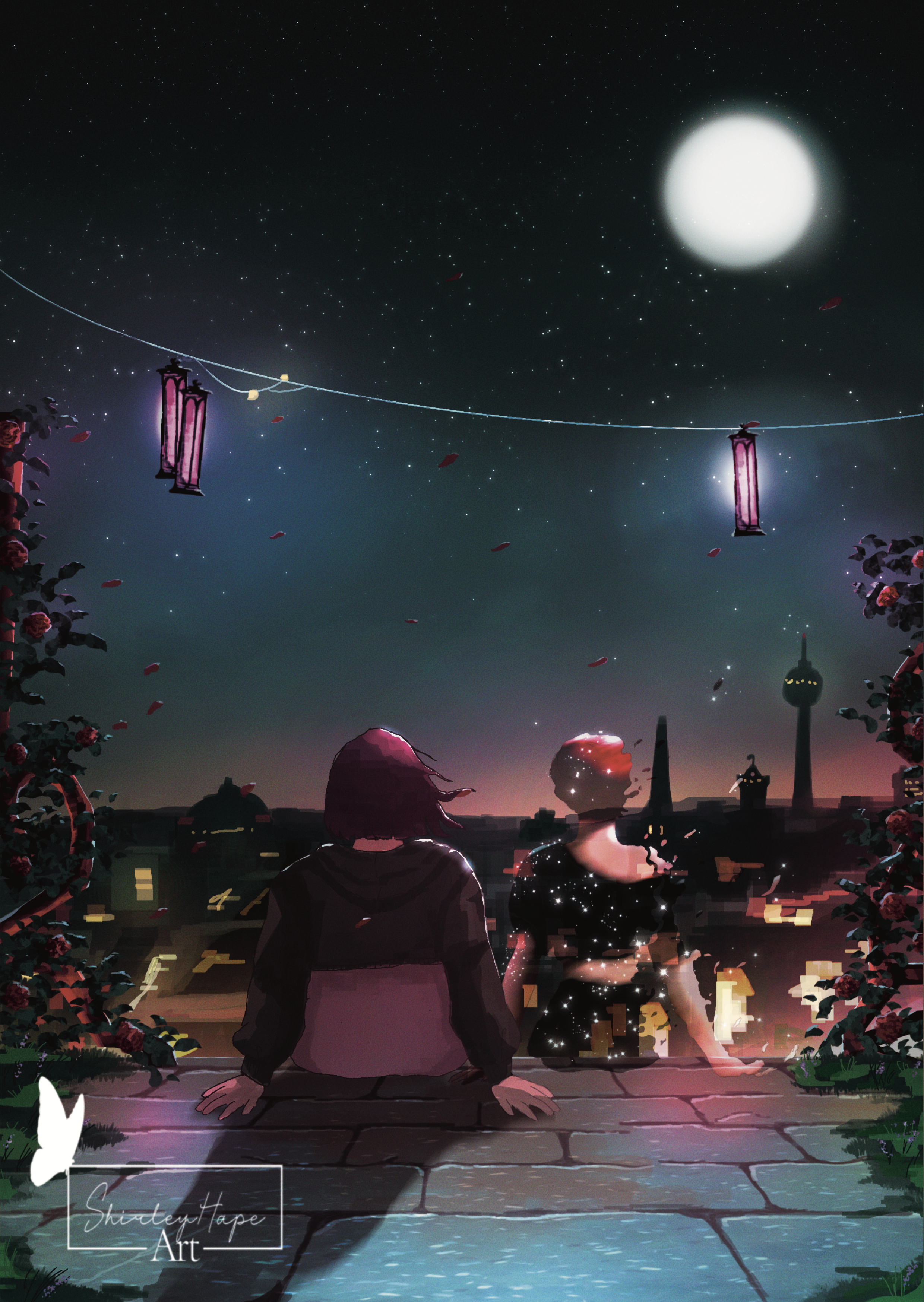 Illustration of a nighttime scene with two people sitting side by side on a wall, looking out at an illuminated city. Above them stretches a starry sky with a bright full moon, and glowing lanterns hang from a string of lights.