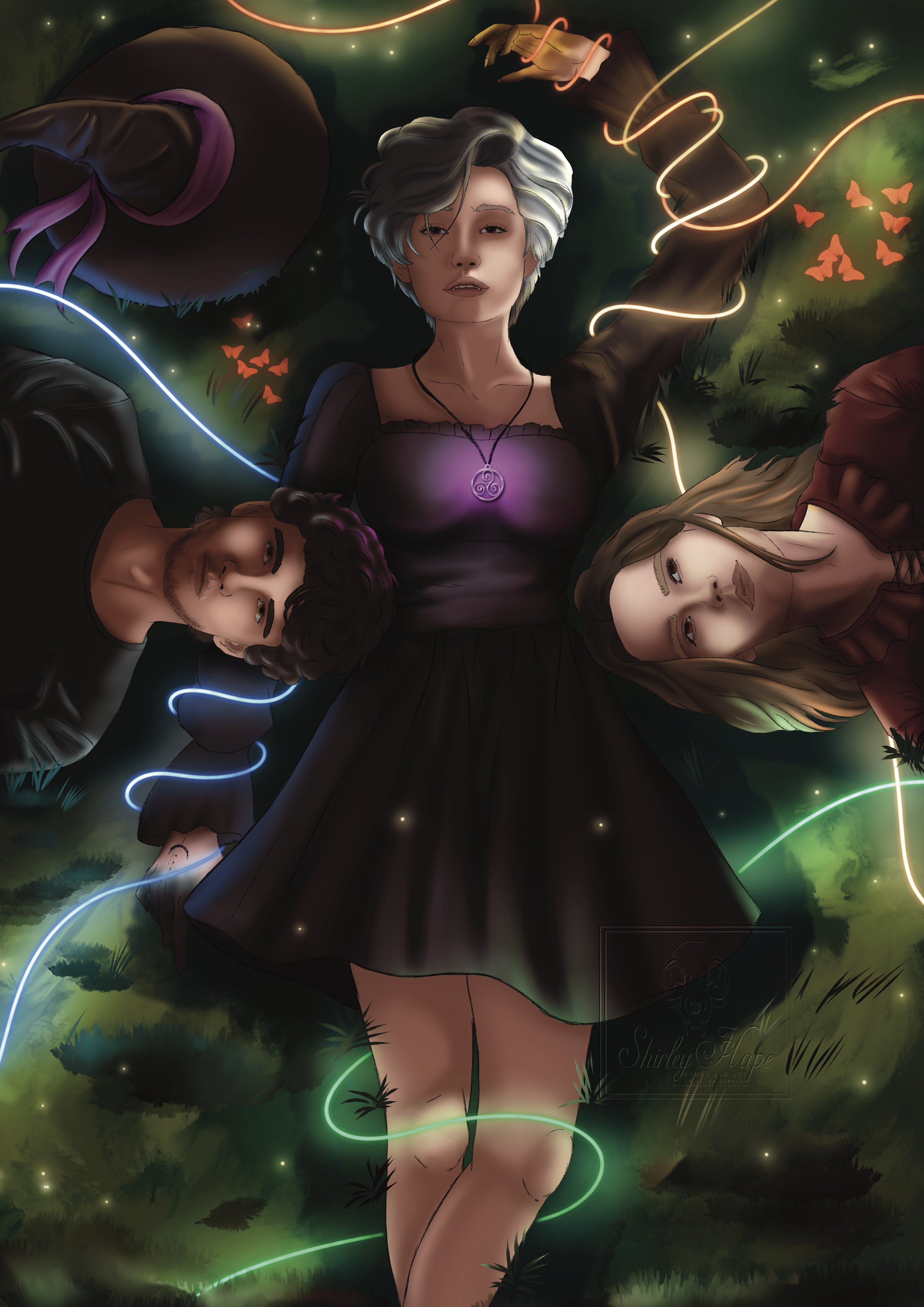 Charakter Illustration of a person in a dark dress lying on grass with two others, surrounded by glowing lines and butterflies.