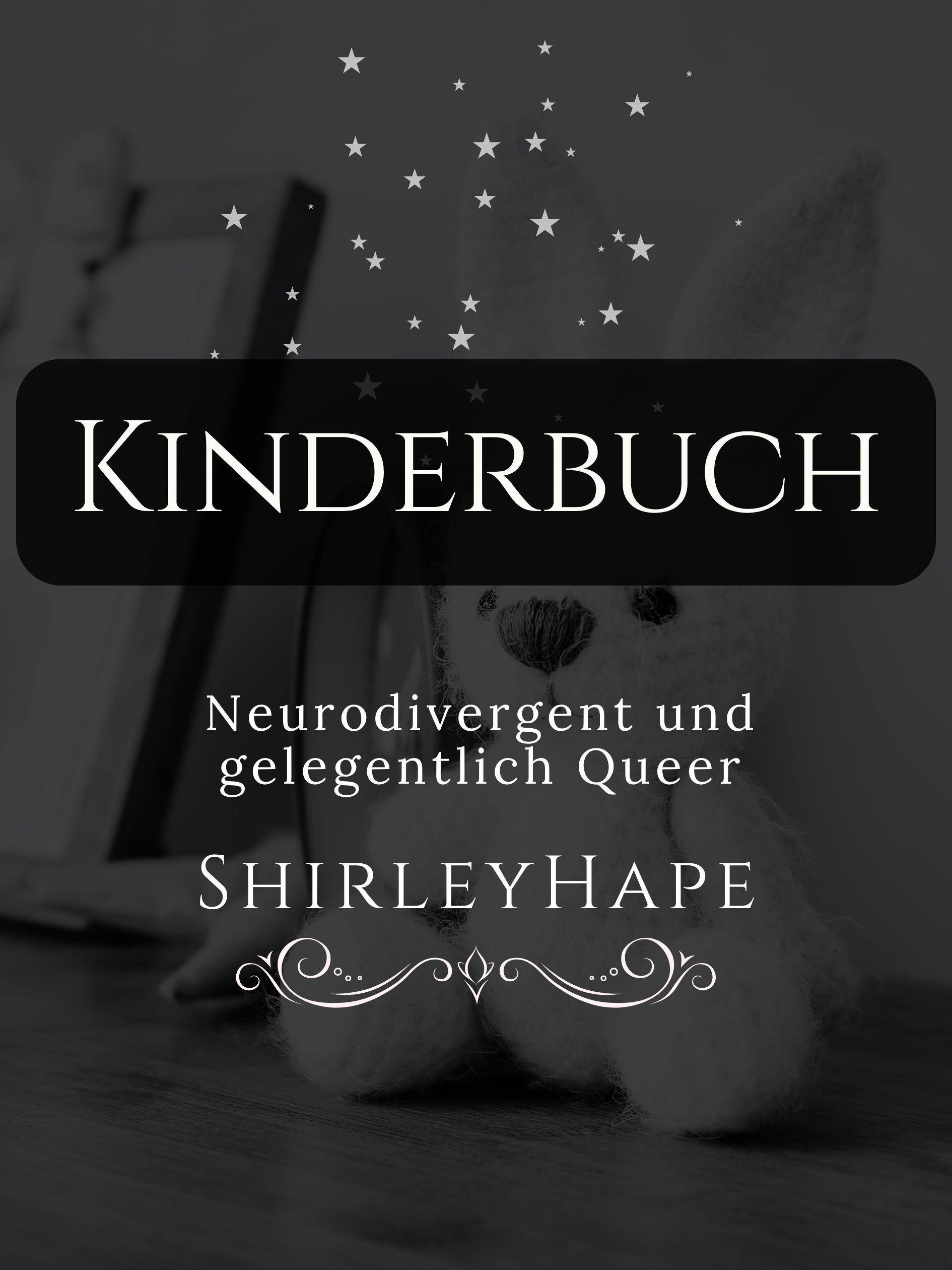 Banner titled 'KINDERBUCH: Neurodivergent und gelegentlich Queer' by ShirleyHape, featuring a stuffed toy rabbit and stars.