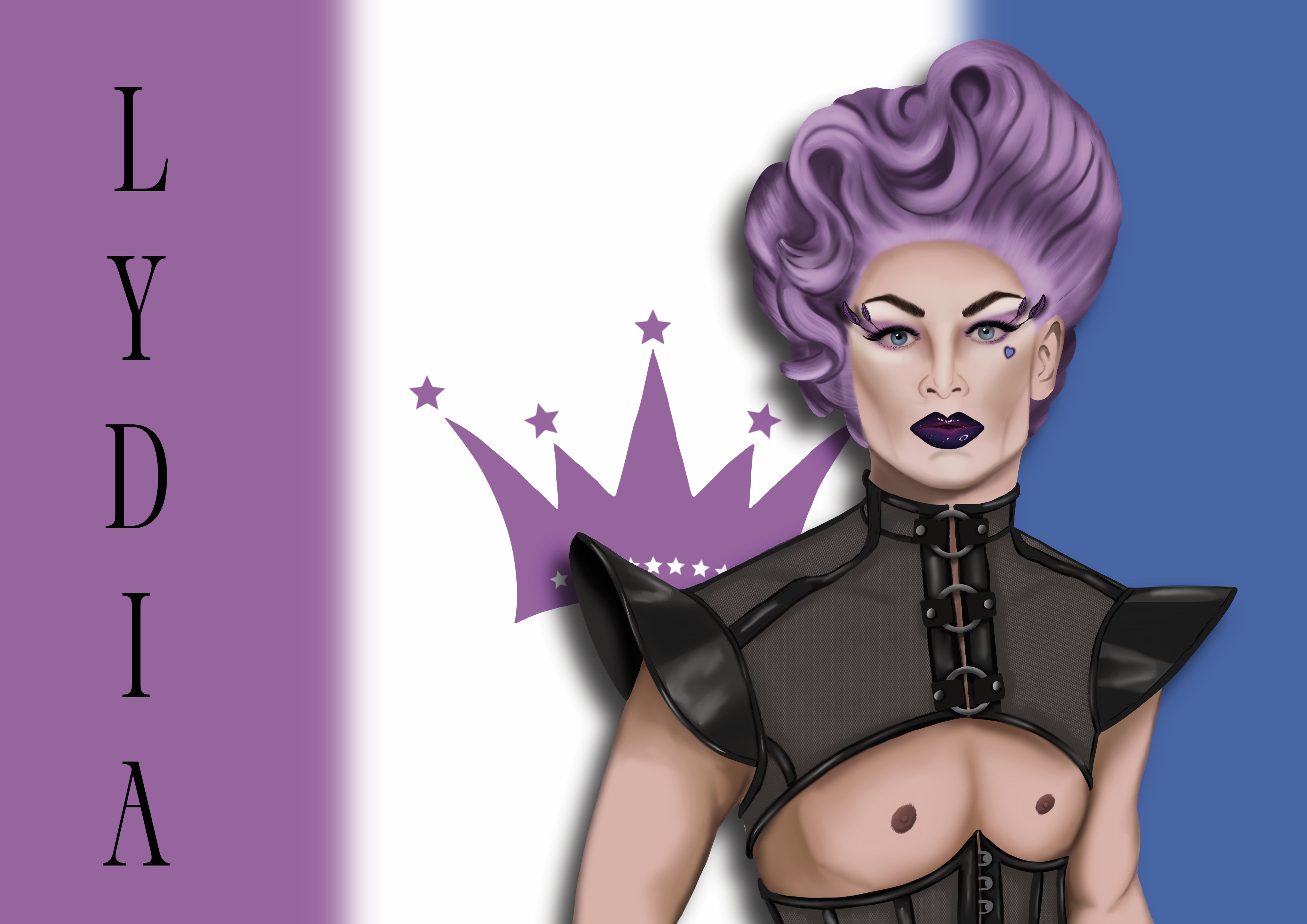 Illustration of drag performer Lydia with purple hair and a crown, including the vertical text LYDIA.