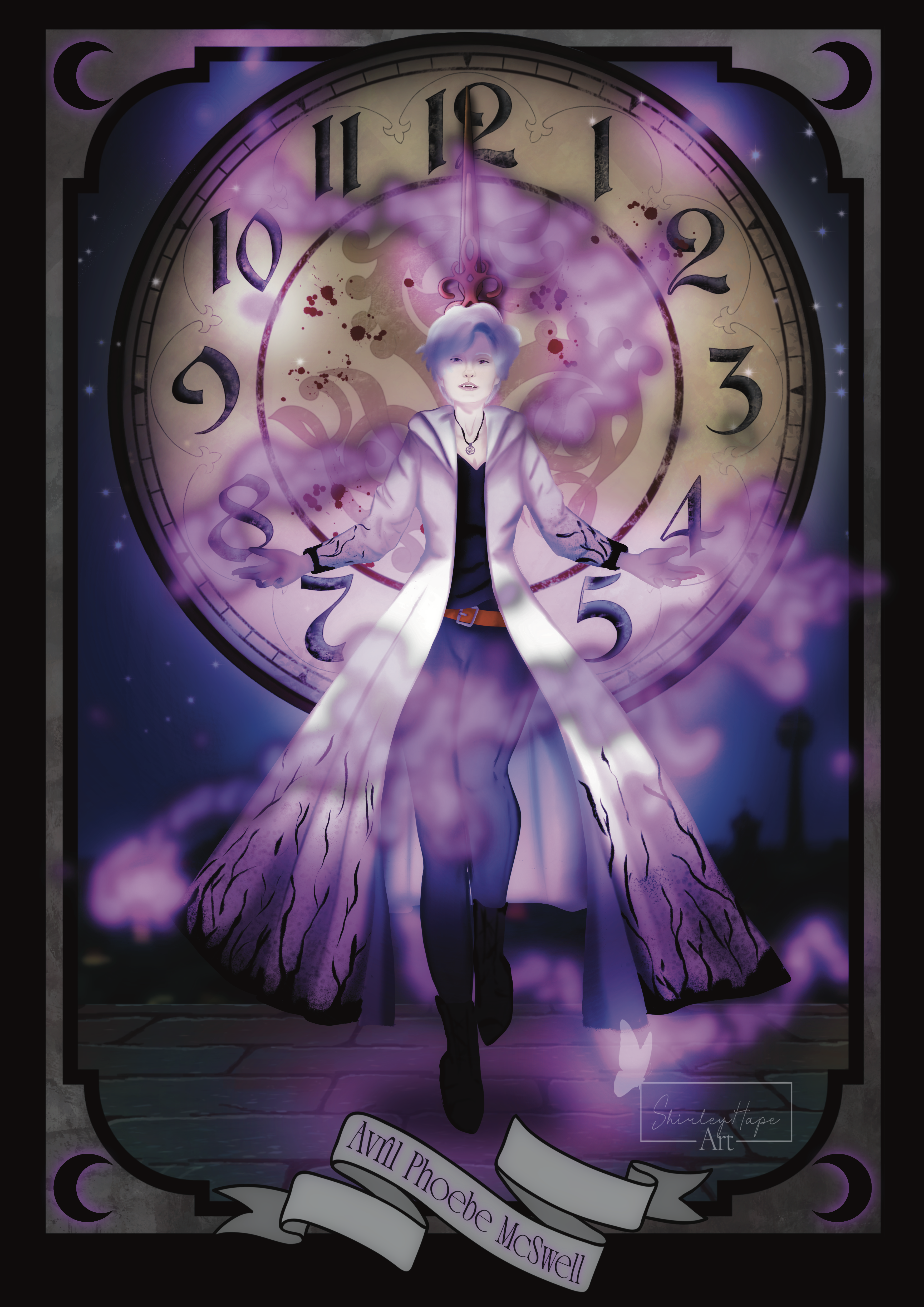 An illustration of a person in a long coat stands in front of a large clock with Roman numerals, surrounded by purple smoke and light.