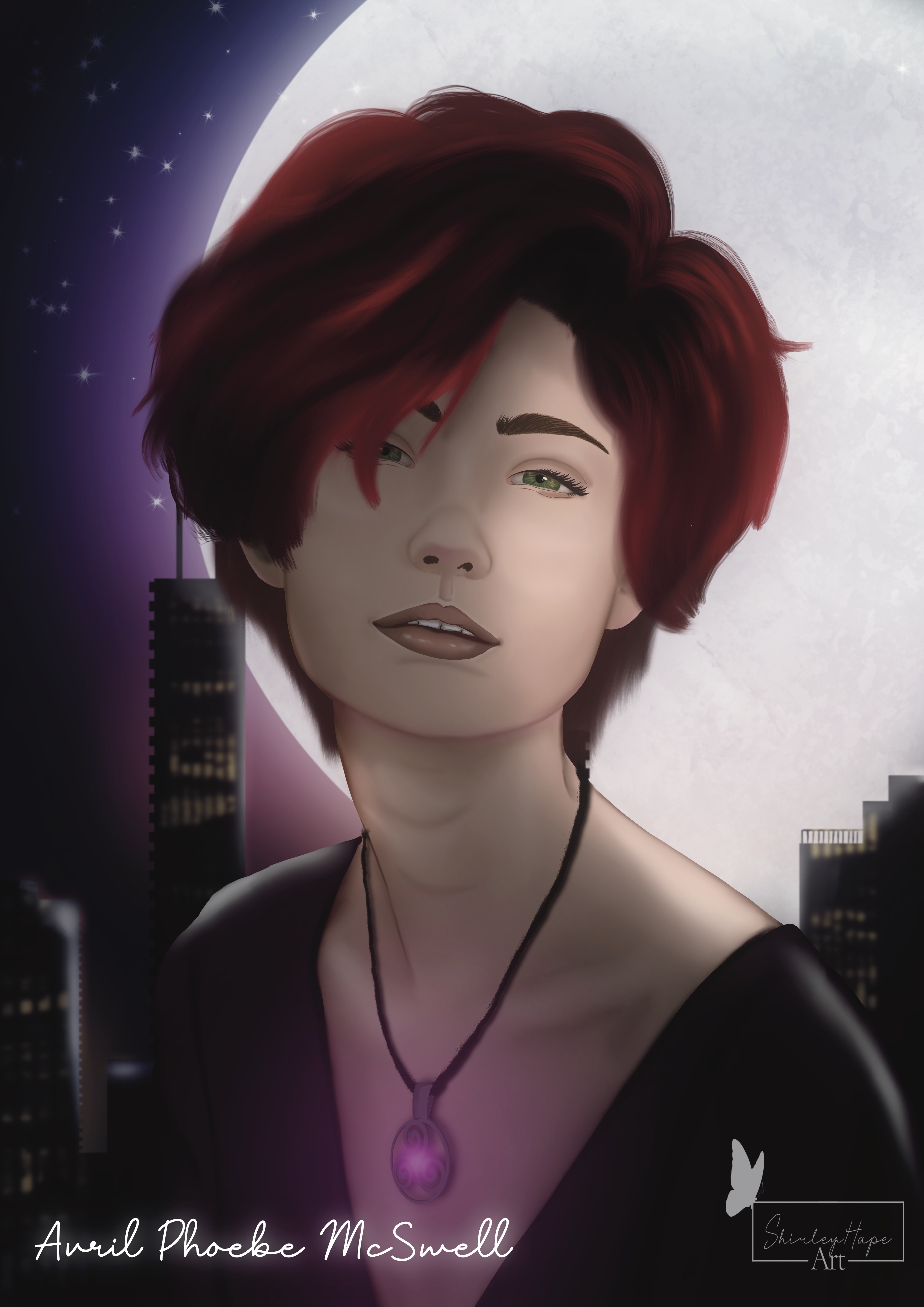 A digital illustration of a character named Avril Phoebe McSwell with short reddish hair and green eyes. They are wearing a necklace with a glowing purple triskelion pendant, set against a backdrop of a massive full moon and a dark city skyline at night.