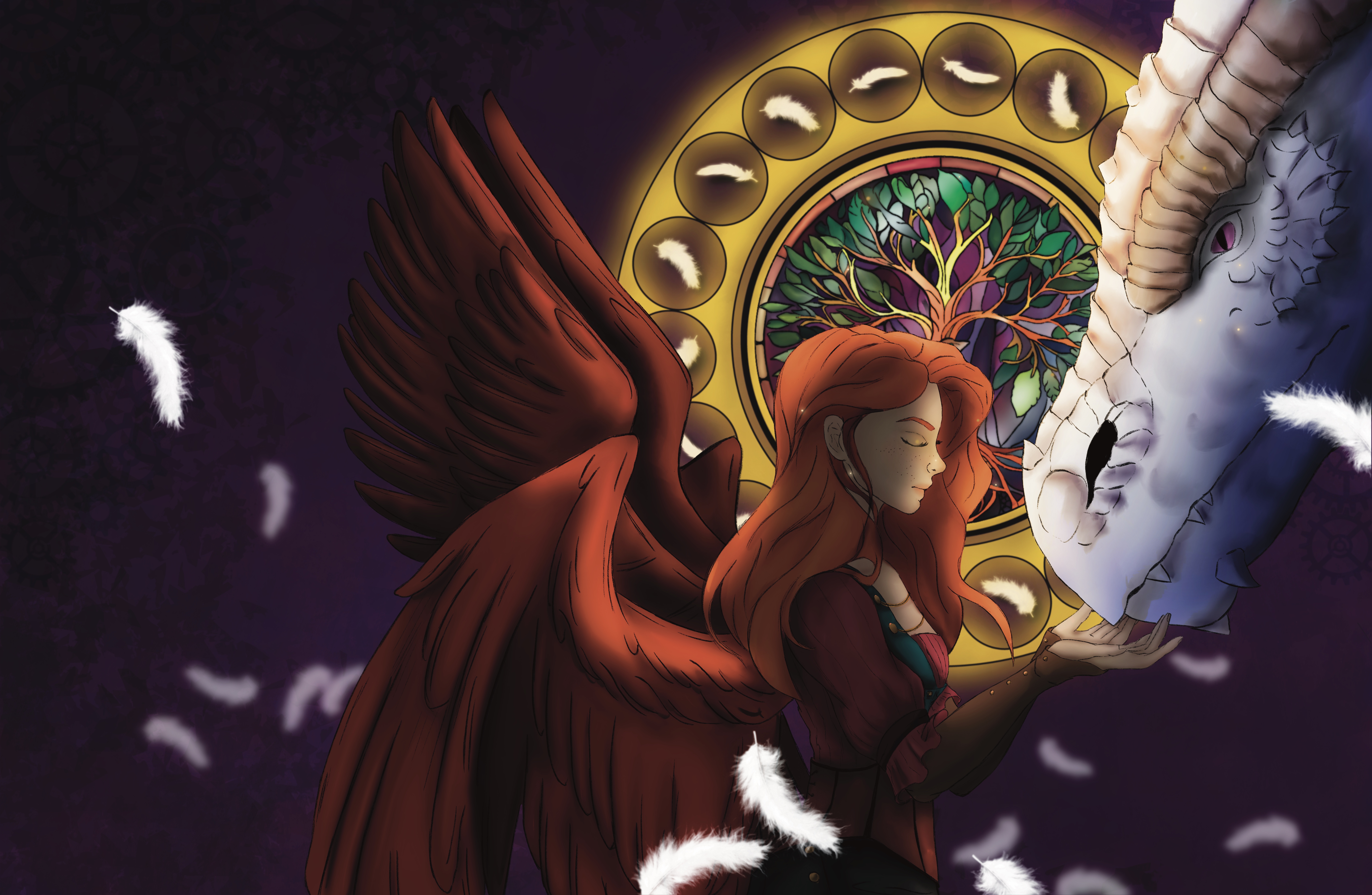 Punk art featuring a woman with red wings touching a white dragon's face, surrounded by feathers.