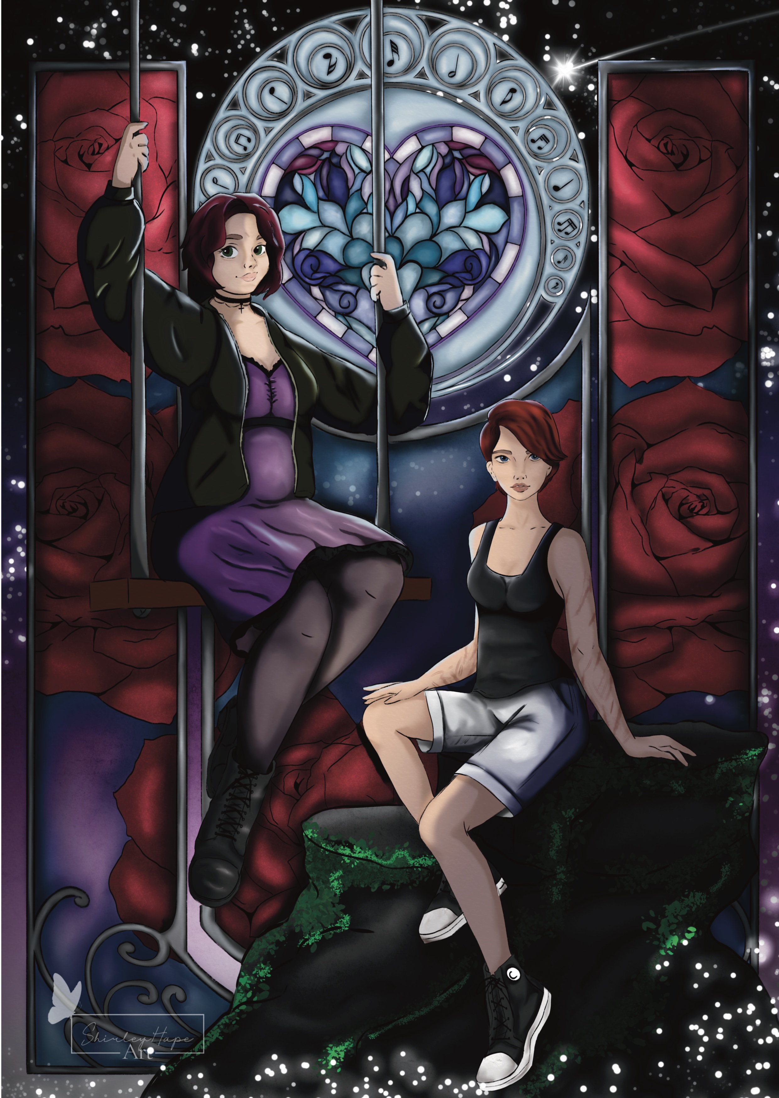 Digital illustration of two young women sitting in a fantastical setting with stained glass, large red roses, and a starry night sky.