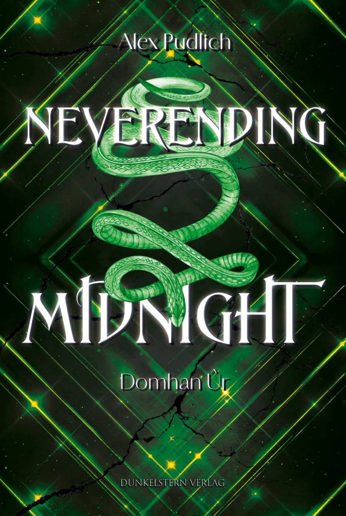 Book cover for 'NEVERENDING MIDNIGHT Domhan Úr' by Alex Pudlich, featuring a green coiled snake on a dark green geometric background.